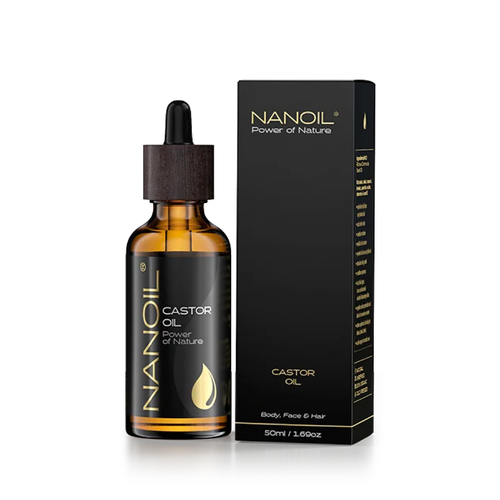 Nanoil Castor Oil - eine braune Glasflasche und eine schwarze Verpackung.